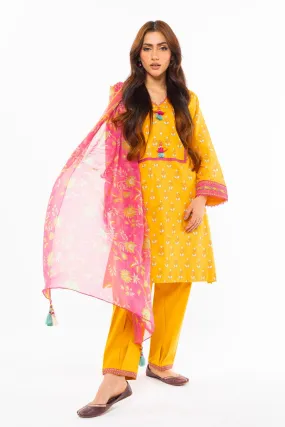 3 Pc Printed Lawn Suit With Chiffon Dupatta
