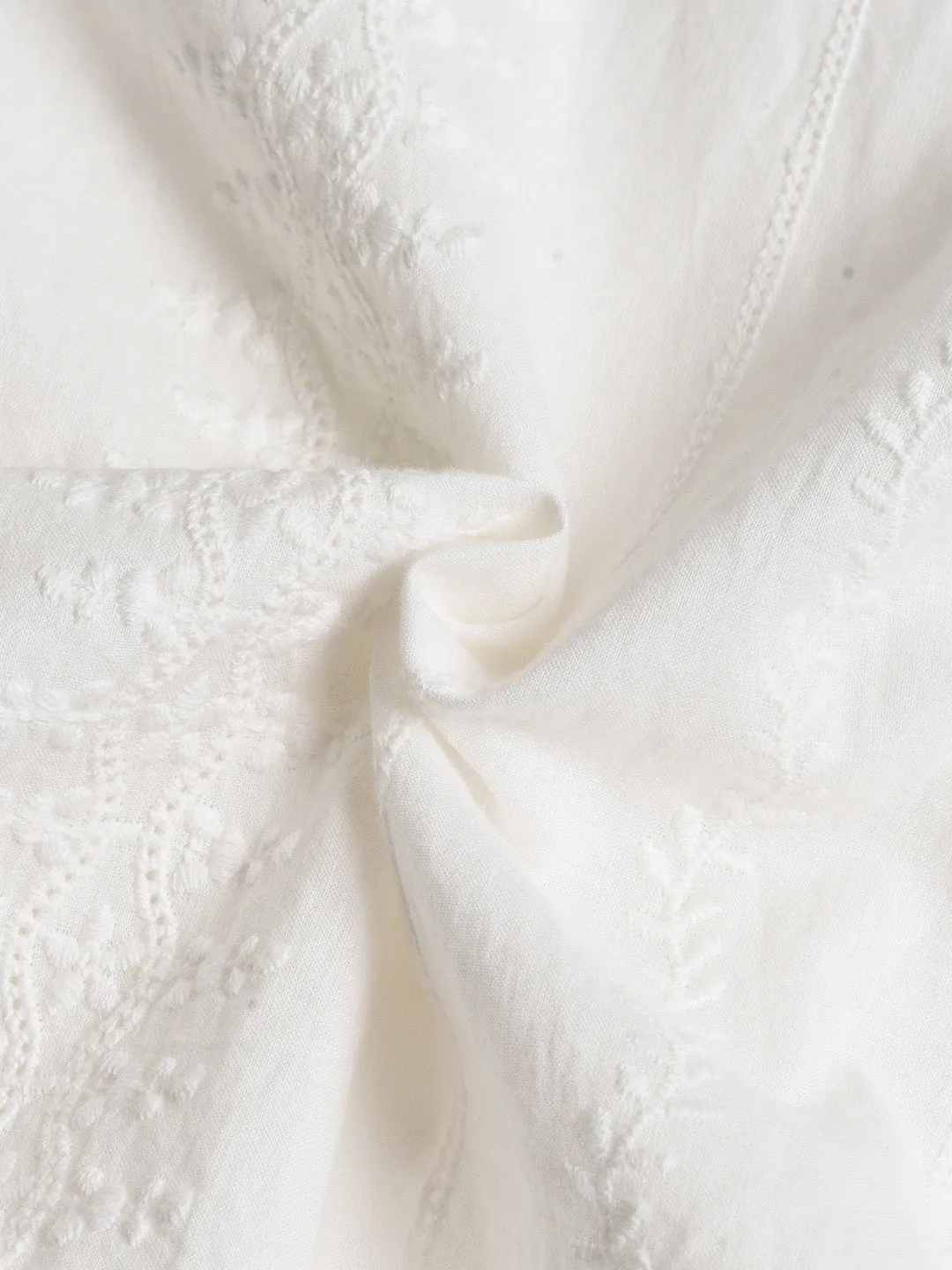 Alanna Mock Neck Lace All Over Embroidered Puff Sleeve Ruffle Cotton Dress