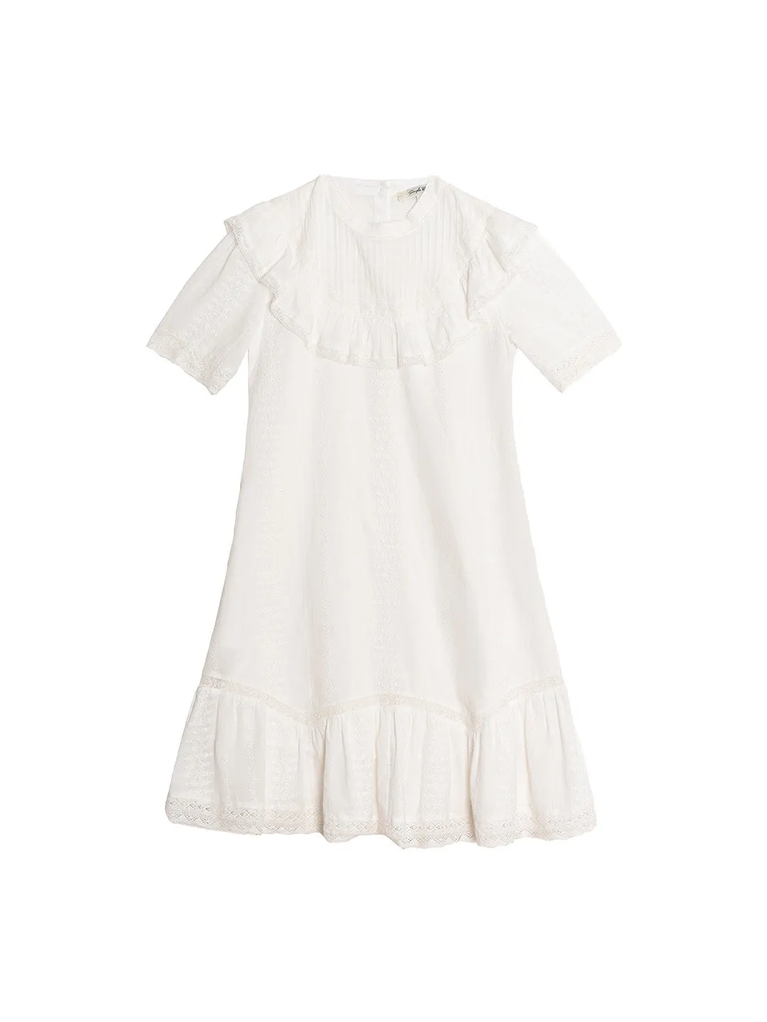 Alanna Mock Neck Lace All Over Embroidered Puff Sleeve Ruffle Cotton Dress