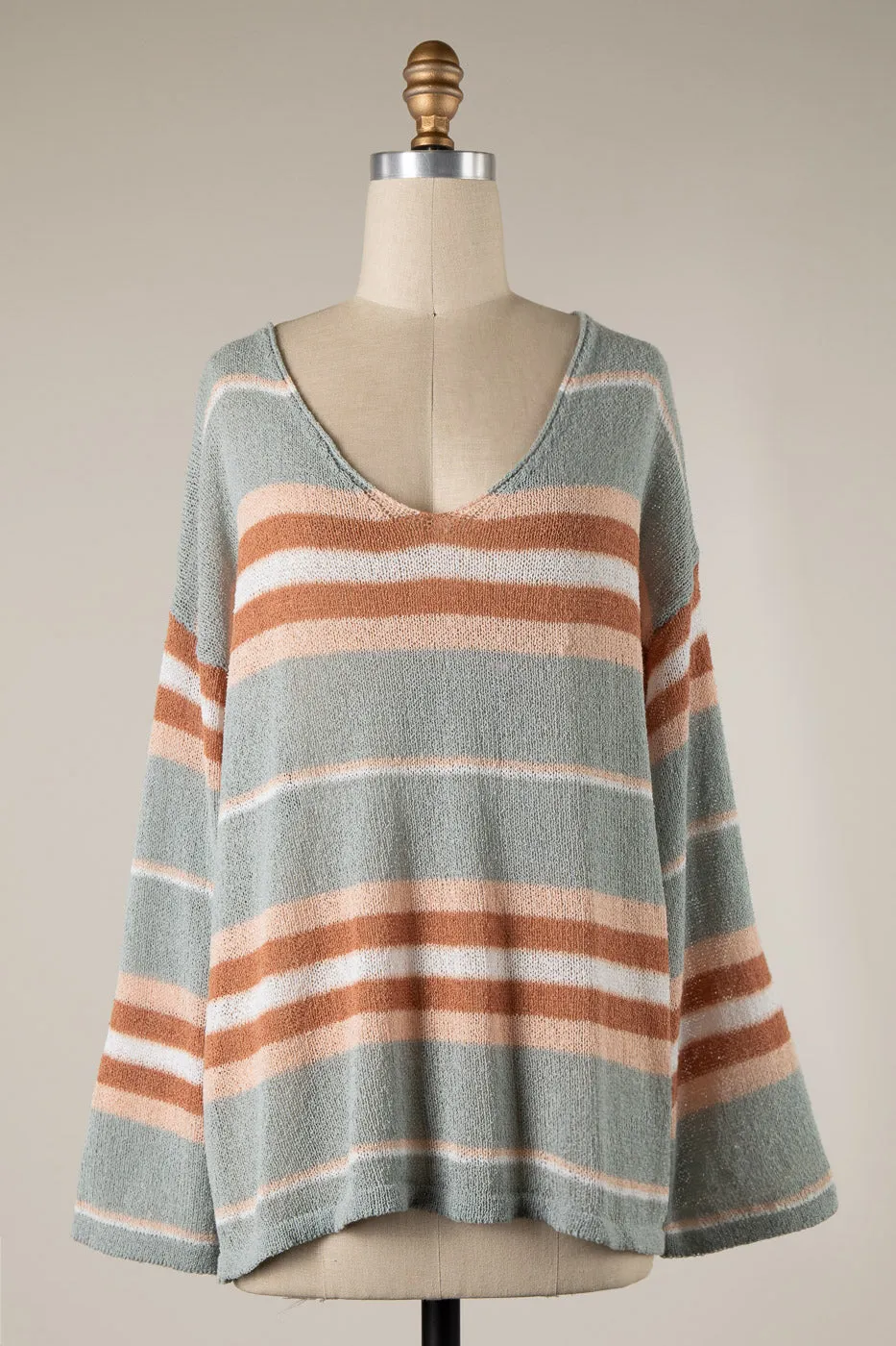 BELL SLEEVE STRIPED PRINT LIGHTWEIGHT KNIT SWEATER 1 PACK