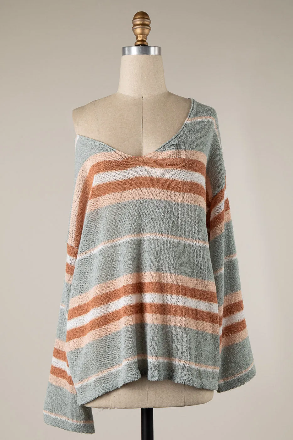 BELL SLEEVE STRIPED PRINT LIGHTWEIGHT KNIT SWEATER 1 PACK