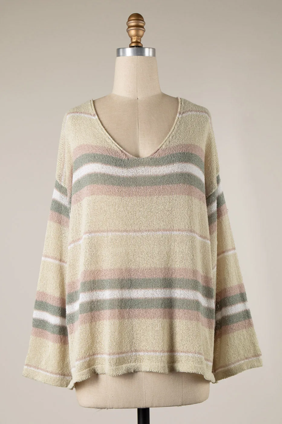 BELL SLEEVE STRIPED PRINT LIGHTWEIGHT KNIT SWEATER 1 PACK