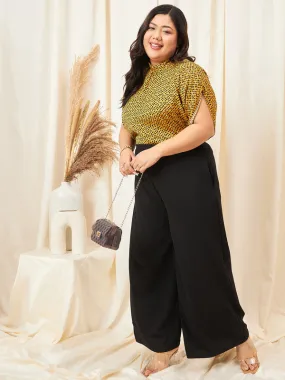 Berrylush Curve Women Yellow & Black Animal Printed High Neck Extended Sleeves Pleated Regular Top