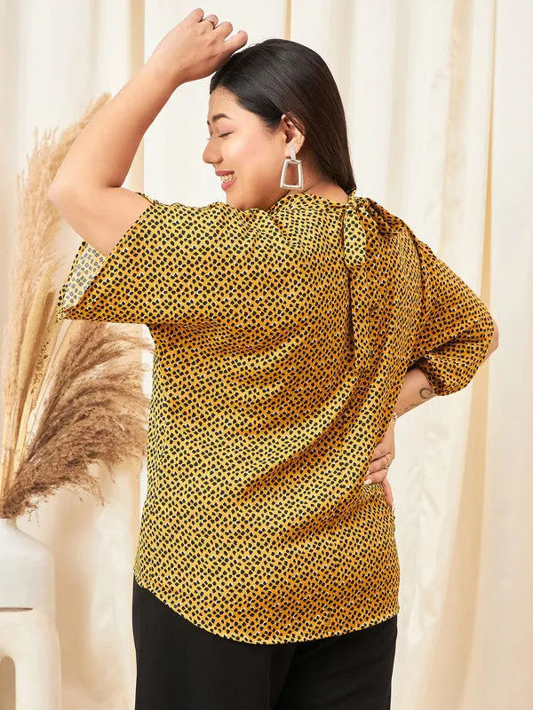 Berrylush Curve Women Yellow & Black Animal Printed High Neck Extended Sleeves Pleated Regular Top