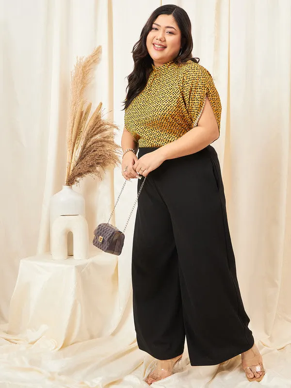 Berrylush Curve Women Yellow & Black Animal Printed High Neck Extended Sleeves Pleated Regular Top