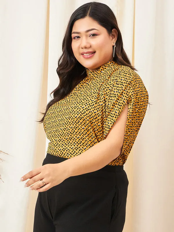 Berrylush Curve Women Yellow & Black Animal Printed High Neck Extended Sleeves Pleated Regular Top