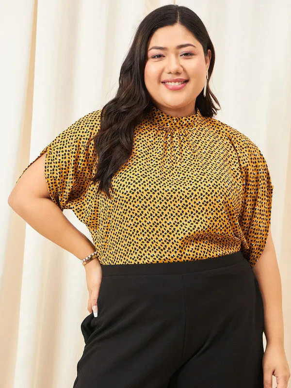 Berrylush Curve Women Yellow & Black Animal Printed High Neck Extended Sleeves Pleated Regular Top