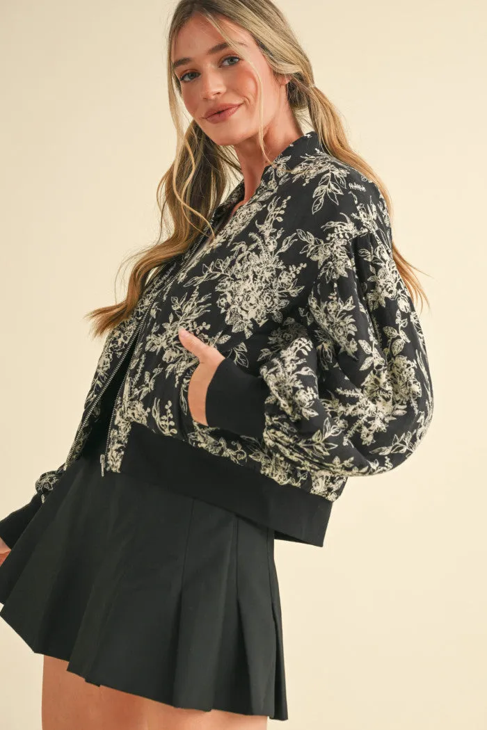 Black and Cream Floral Bomber Puff Jacket