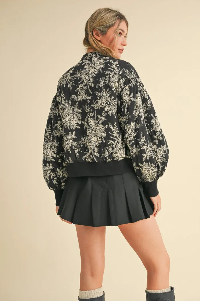 Black and Cream Floral Bomber Puff Jacket