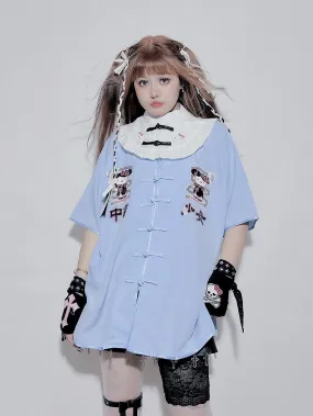 Black/Blue Short Sleeves Kitty Banded Collar Jirai Kei Top
