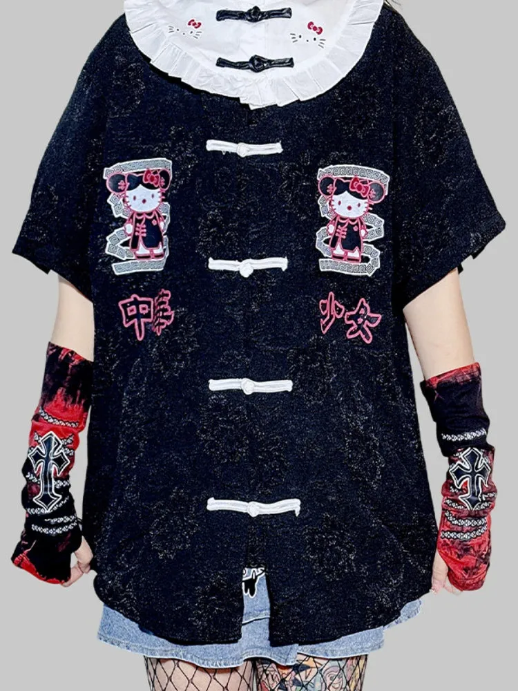 Black/Blue Short Sleeves Kitty Banded Collar Jirai Kei Top
