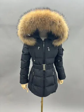 Black/Natural Fur Luxury Fur Padded Belted Coat