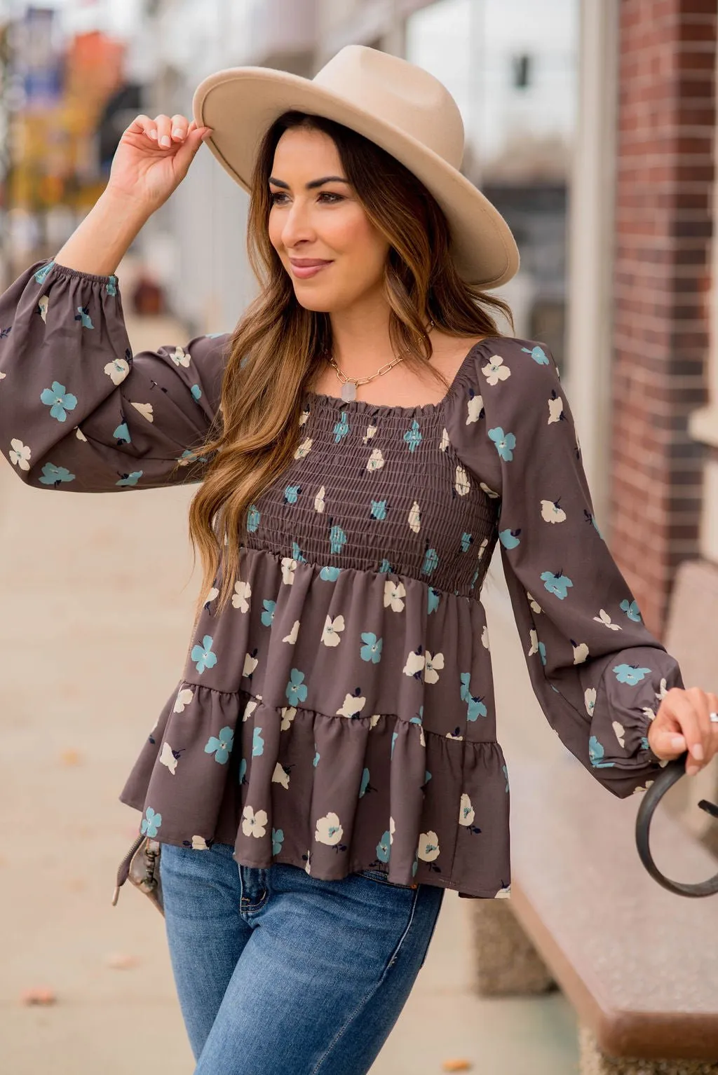 Blossoms Ruched Top Tiered Blouse