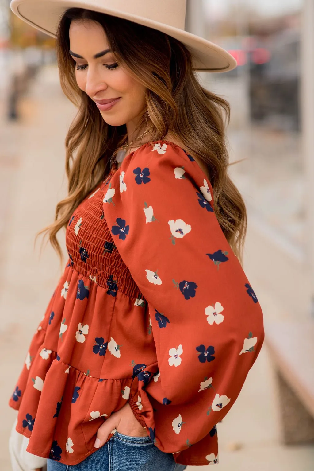 Blossoms Ruched Top Tiered Blouse