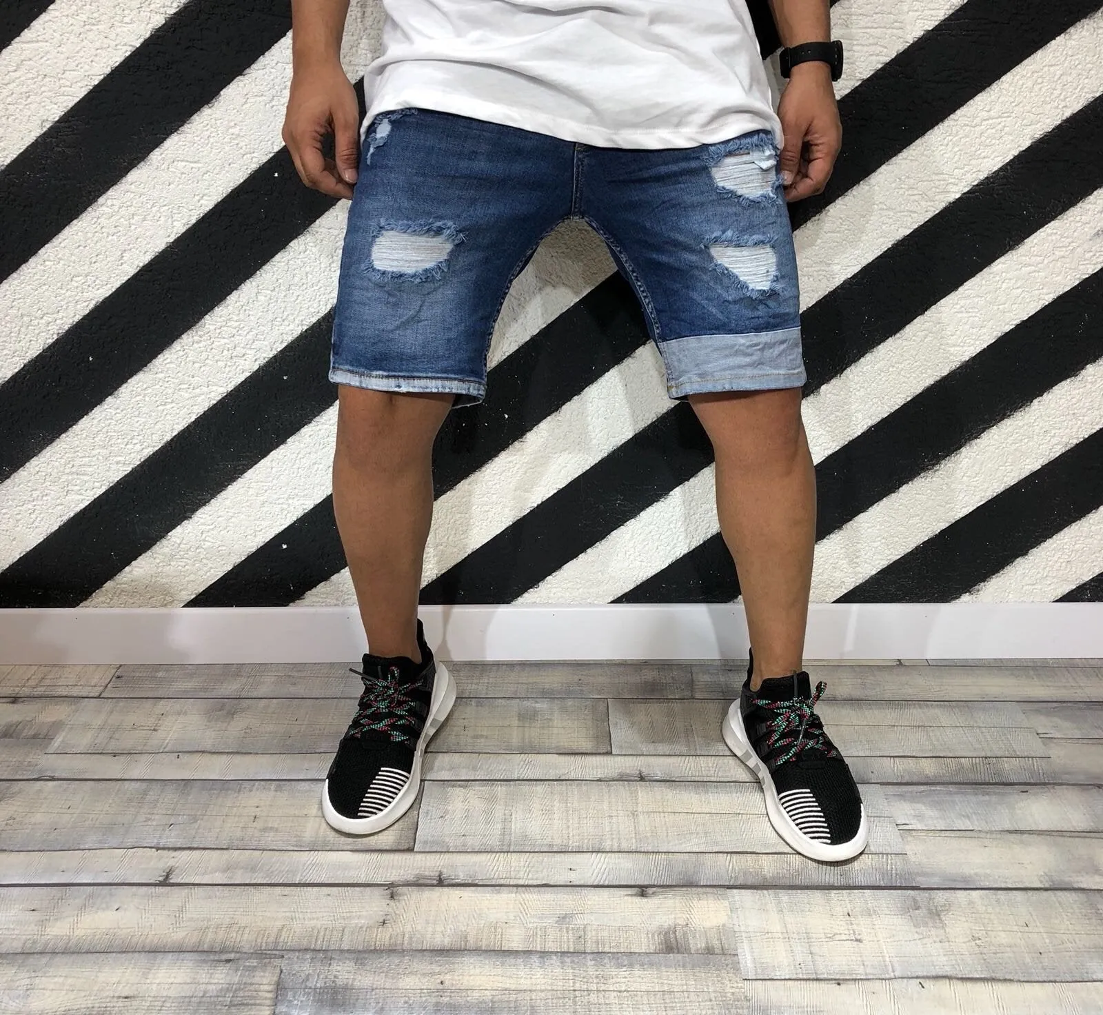 Blue Ripped Skinny Fit Short Denim R114 Streetwear Denim Jeans