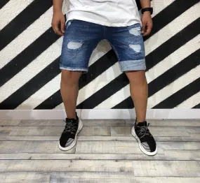Blue Ripped Skinny Fit Short Denim R114 Streetwear Denim Jeans
