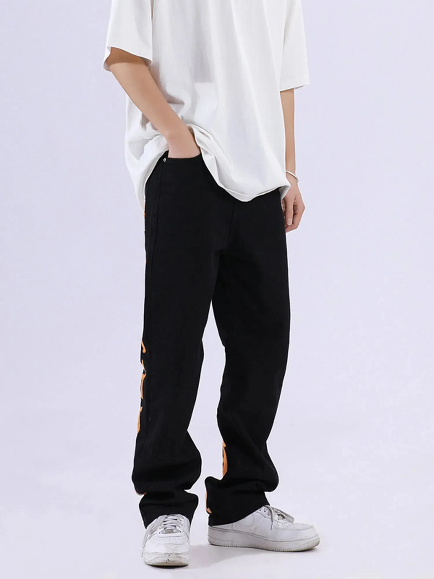 Burning Text Embroidered Letters Jeans
