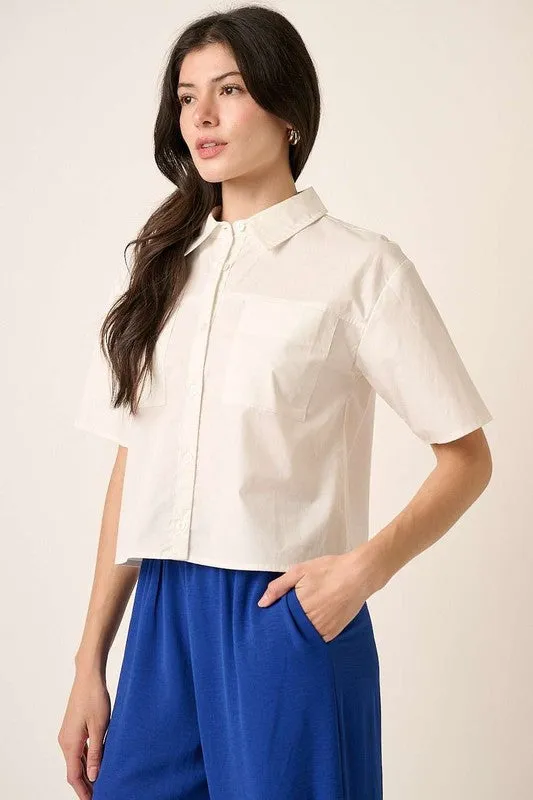 Classic White Button Down Short Sleeve Cropped Shirt with Pockets