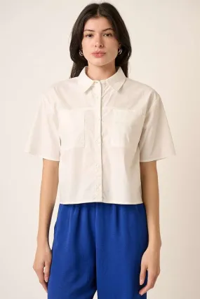Classic White Button Down Short Sleeve Cropped Shirt with Pockets