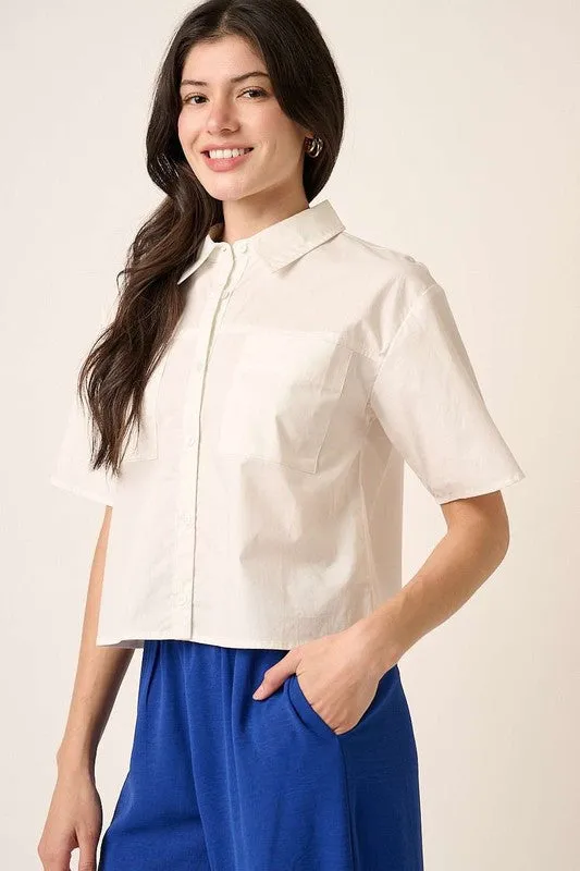 Classic White Button Down Short Sleeve Cropped Shirt with Pockets