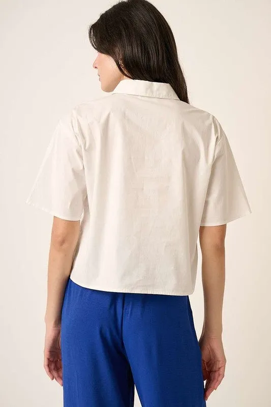 Classic White Button Down Short Sleeve Cropped Shirt with Pockets