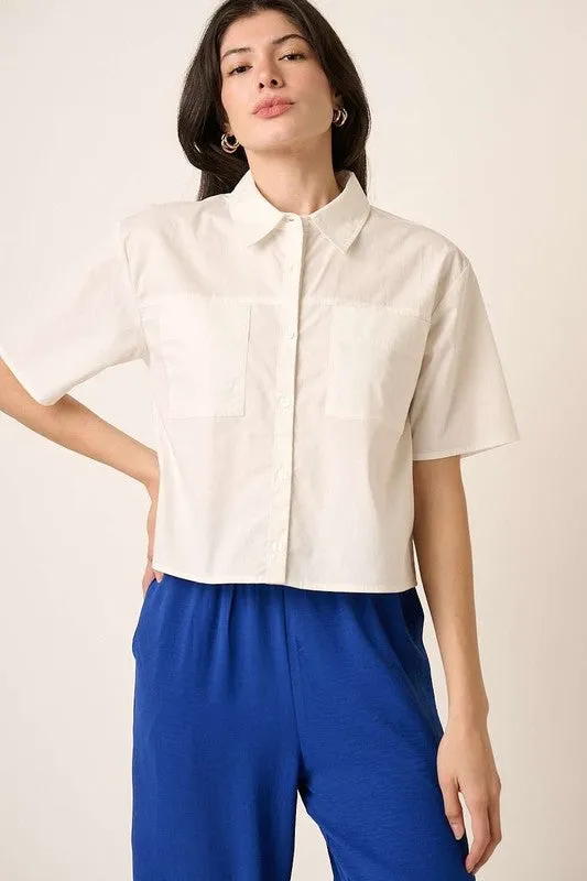 Classic White Button Down Short Sleeve Cropped Shirt with Pockets
