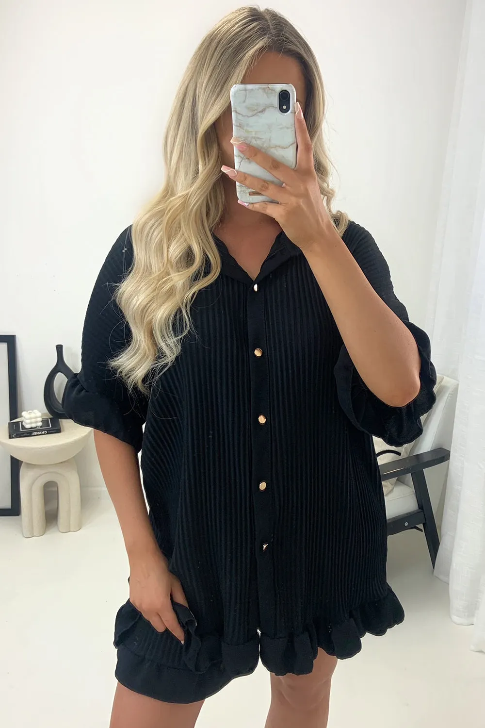 Colette Black Plisse Pleated Frill Hem Shirt and Shorts Co-Ord Set