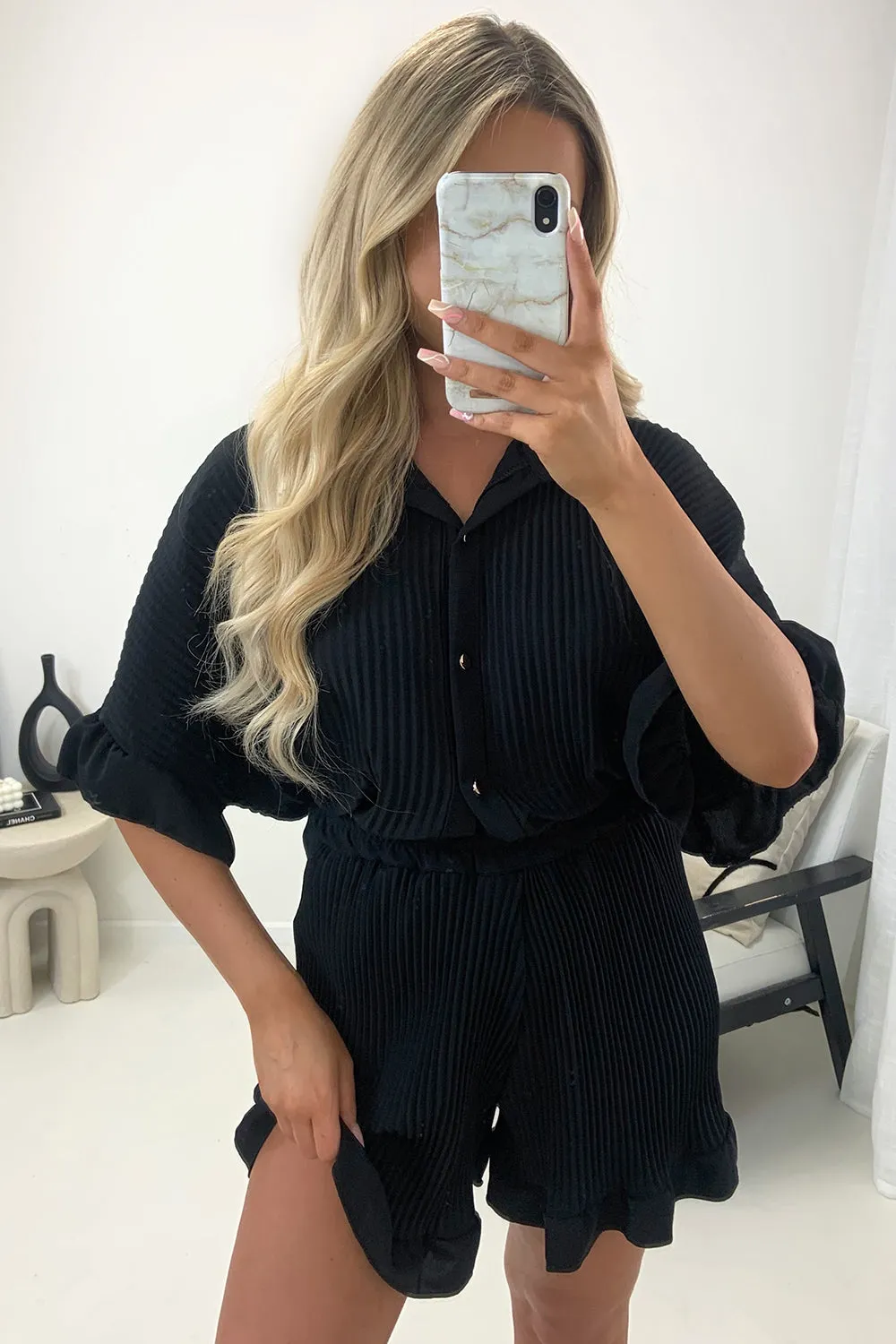 Colette Black Plisse Pleated Frill Hem Shirt and Shorts Co-Ord Set