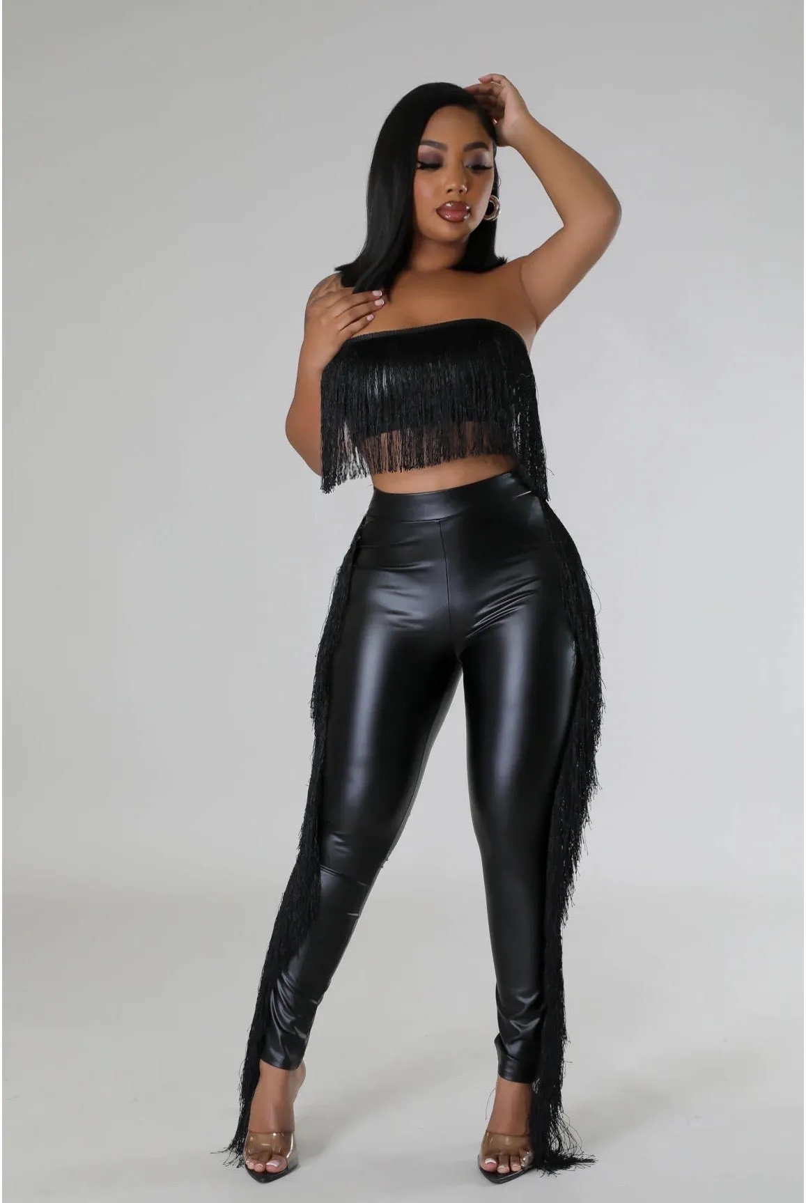 Come Correct....Fringe PU Pants Set