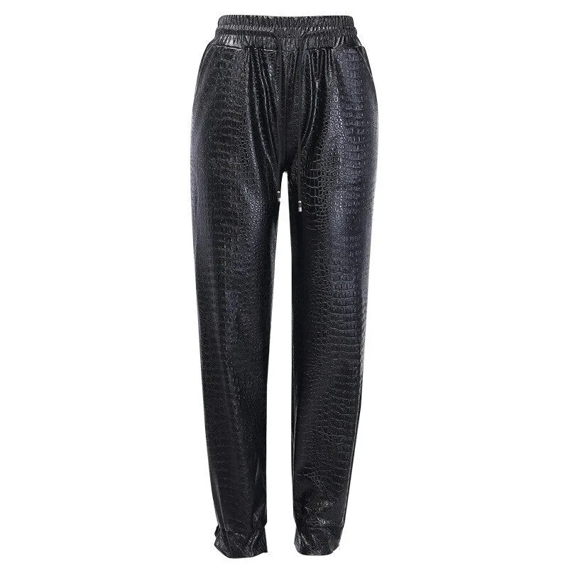 Crocodile Print Loose Faux Leather Pants