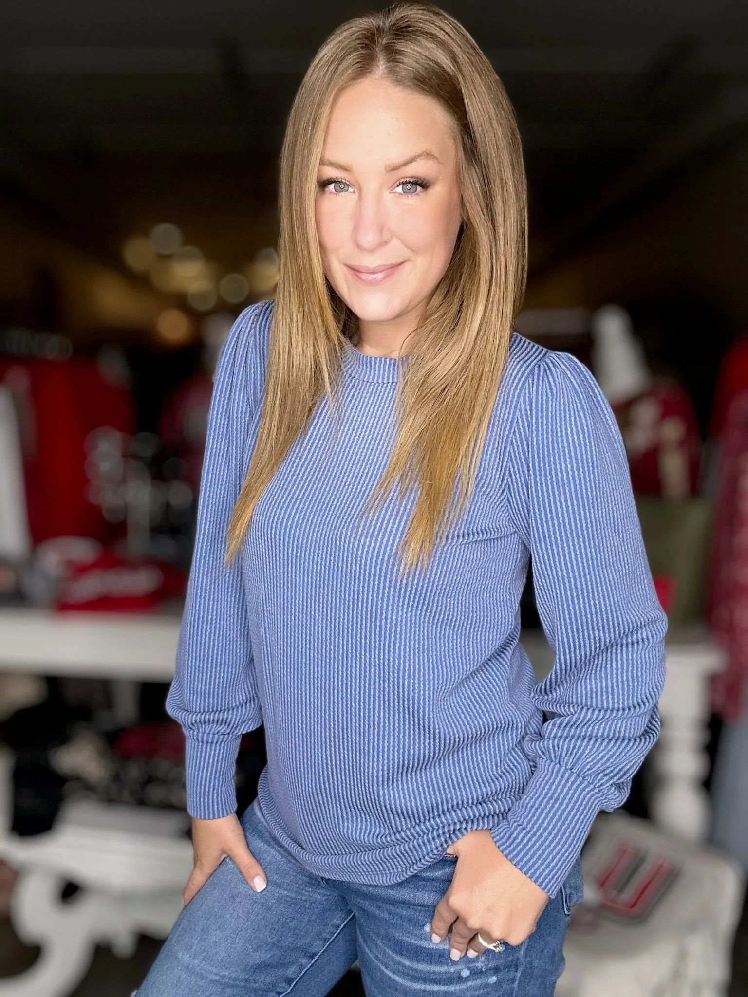 Denim Rib Knit Long Sleeve Top