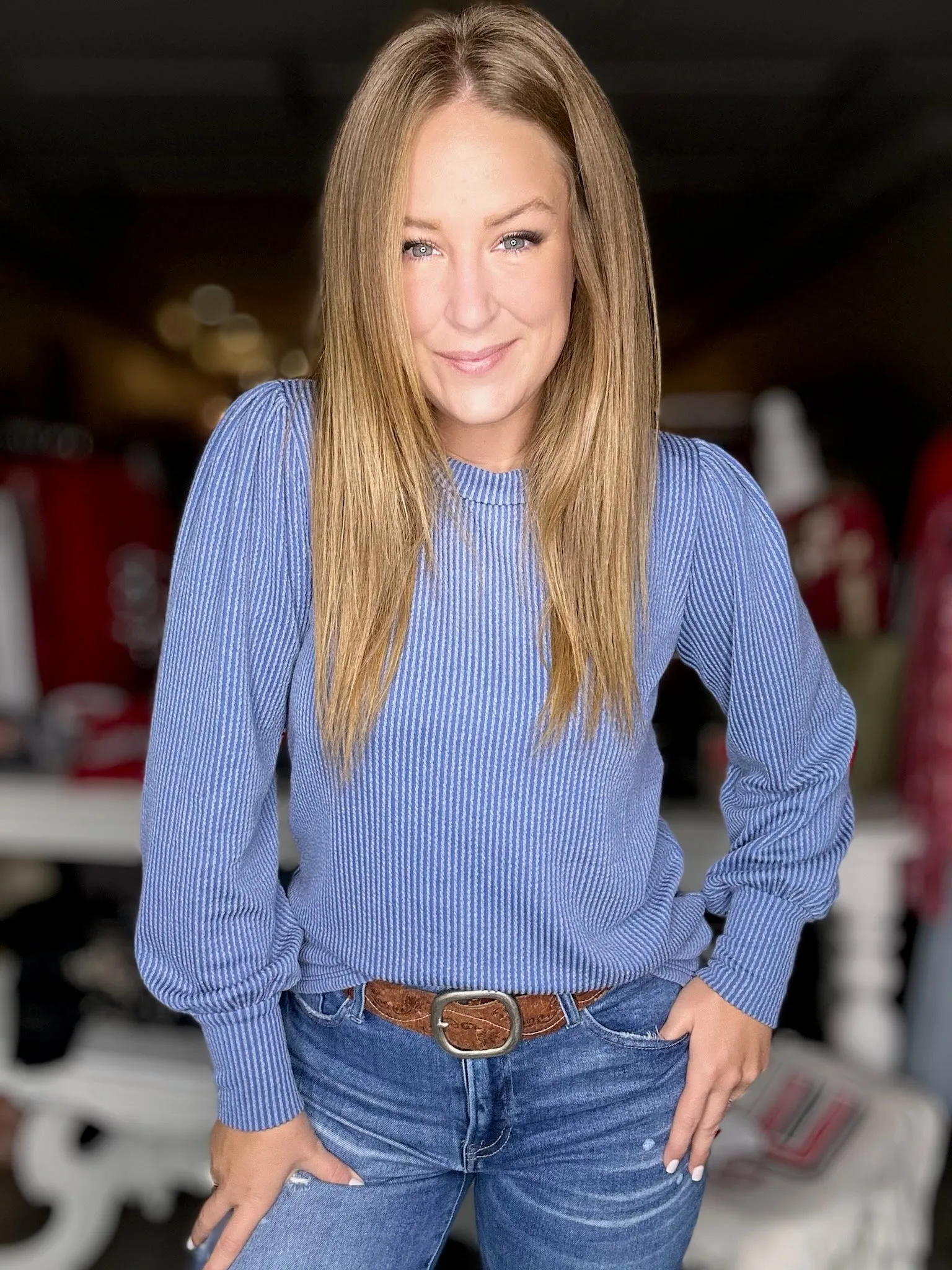 Denim Rib Knit Long Sleeve Top