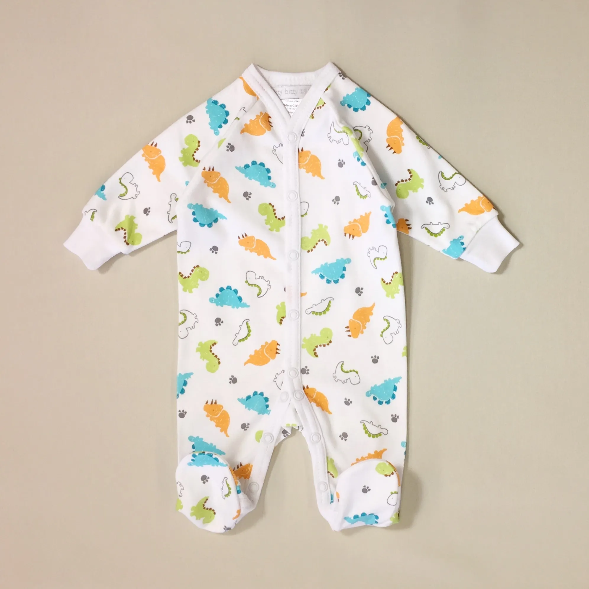 Dino Snap Front Footie - White