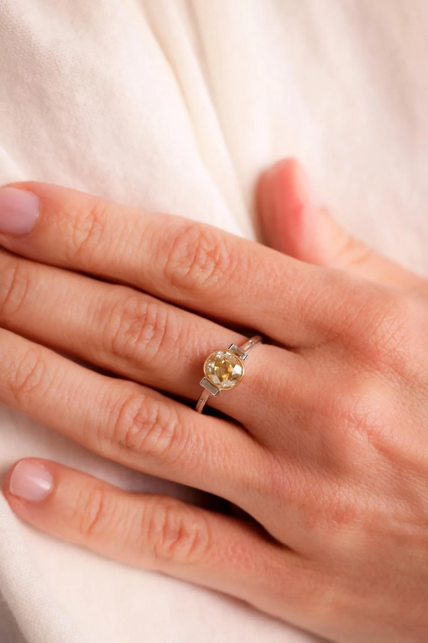 Edwardian Inspired 1.86 Carat Fancy Yellow Diamond Platinum Engagement Ring