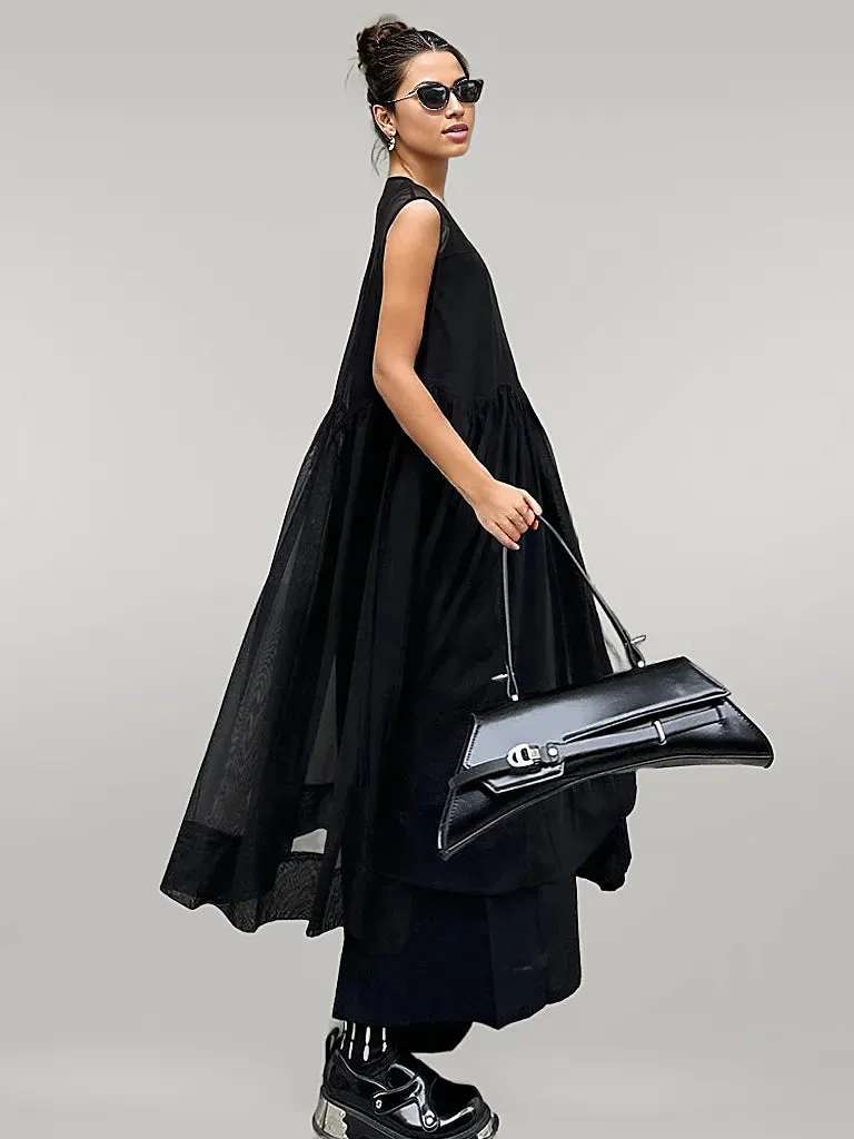 Elegant Black Chiffon Overlay Dress with Asymmetrical Hem and Sheer Mesh Design