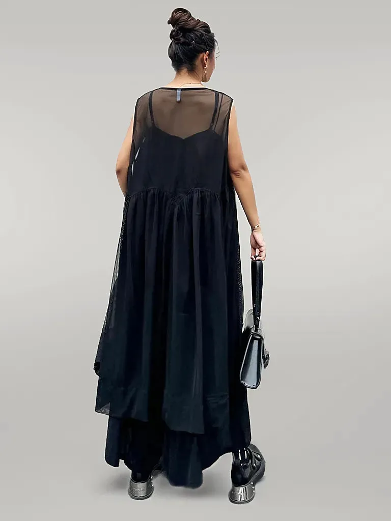 Elegant Black Chiffon Overlay Dress with Asymmetrical Hem and Sheer Mesh Design