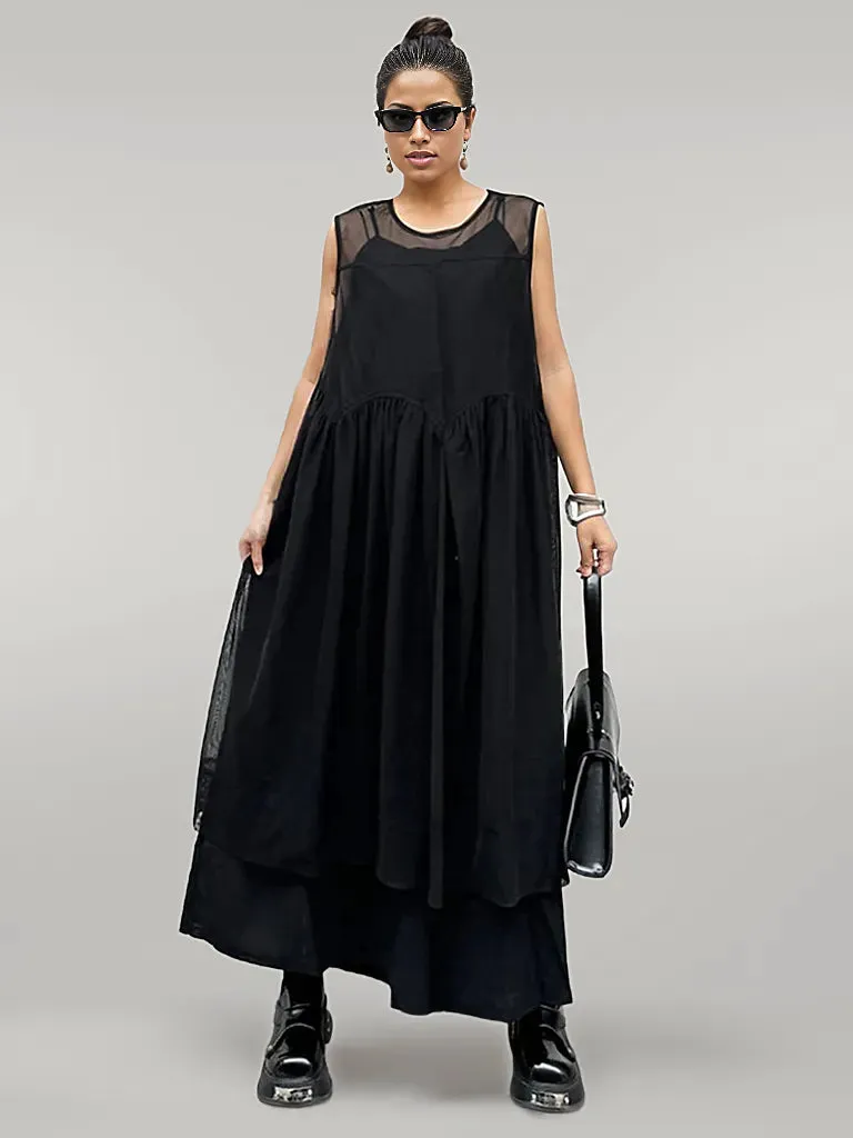 Elegant Black Chiffon Overlay Dress with Asymmetrical Hem and Sheer Mesh Design