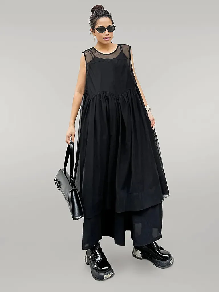 Elegant Black Chiffon Overlay Dress with Asymmetrical Hem and Sheer Mesh Design