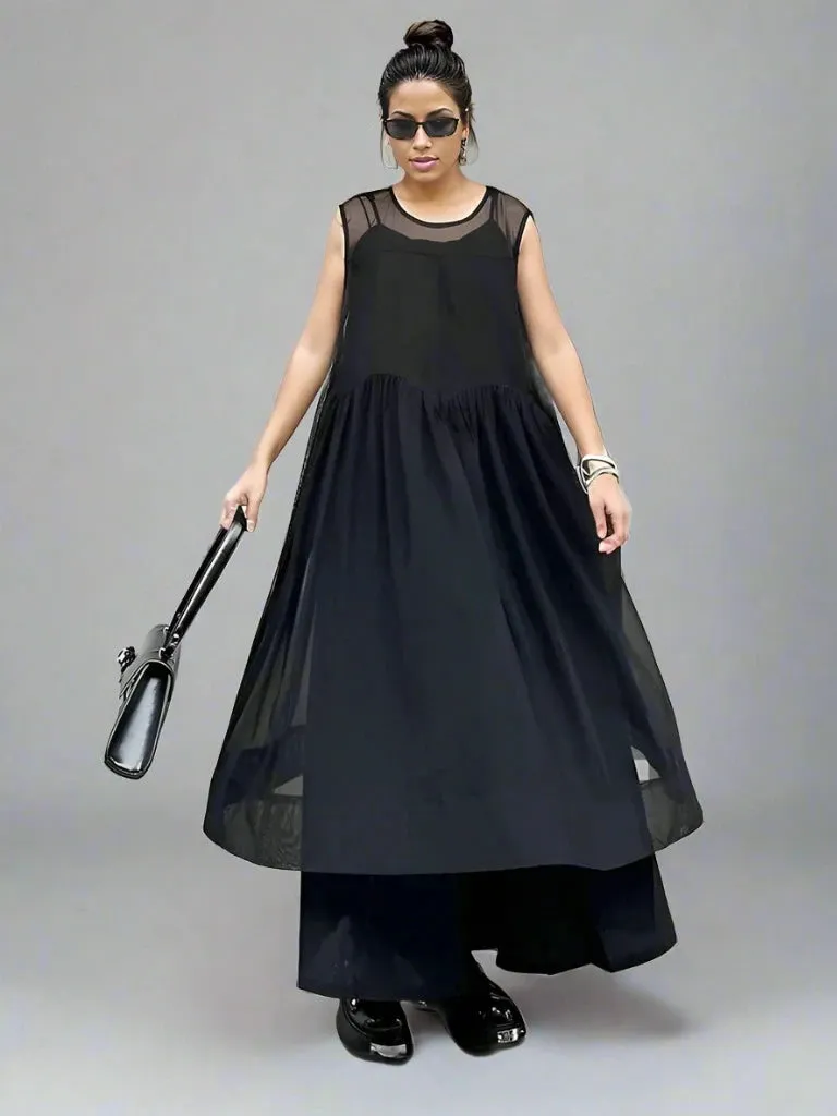Elegant Black Chiffon Overlay Dress with Asymmetrical Hem and Sheer Mesh Design