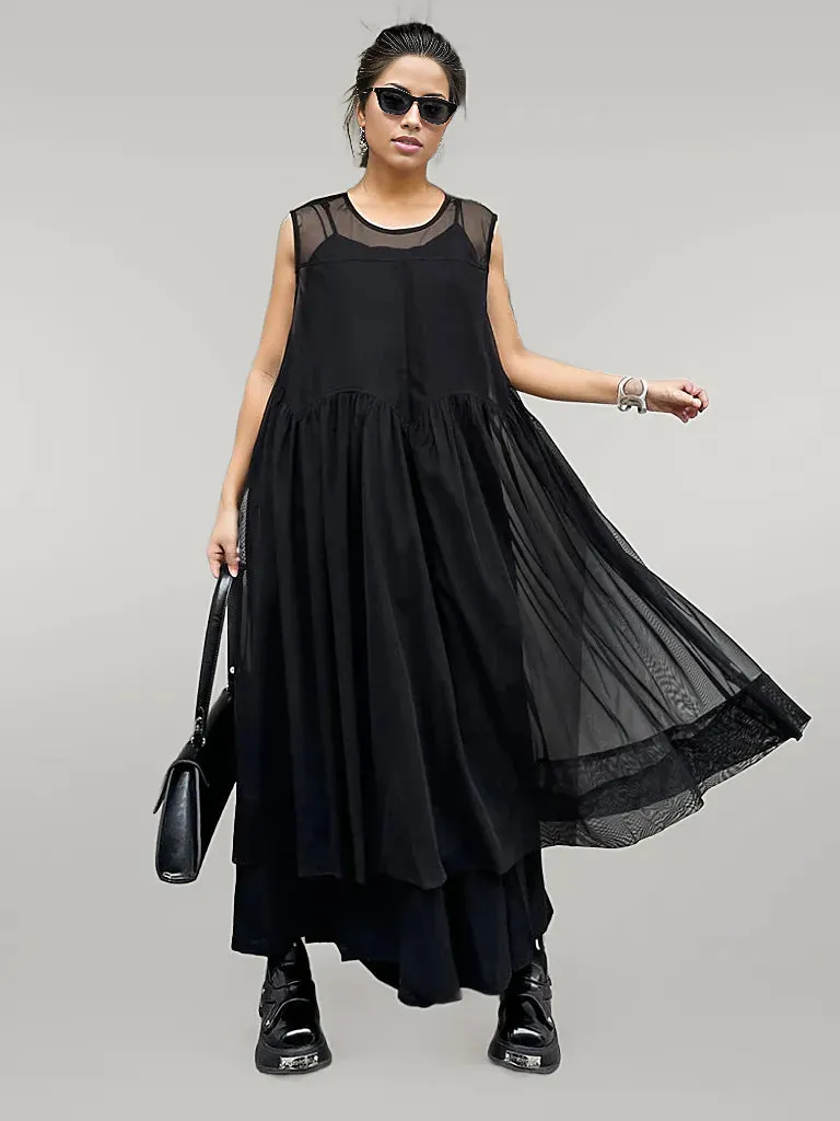 Elegant Black Chiffon Overlay Dress with Asymmetrical Hem and Sheer Mesh Design