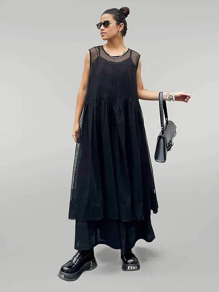 Elegant Black Chiffon Overlay Dress with Asymmetrical Hem and Sheer Mesh Design