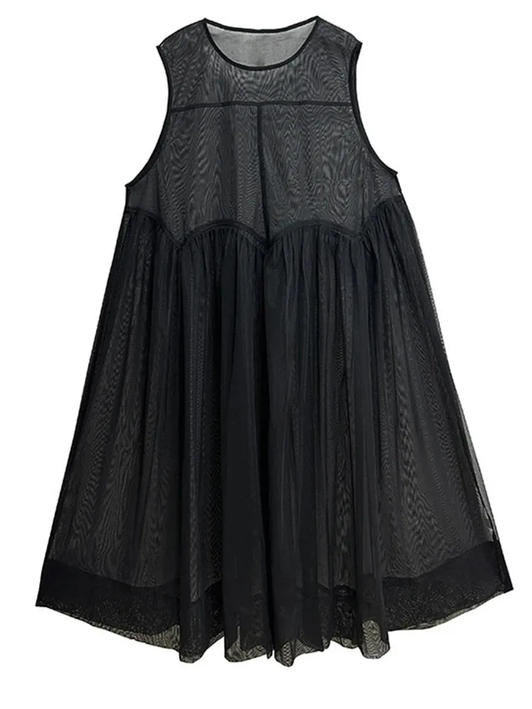 Elegant Black Chiffon Overlay Dress with Asymmetrical Hem and Sheer Mesh Design