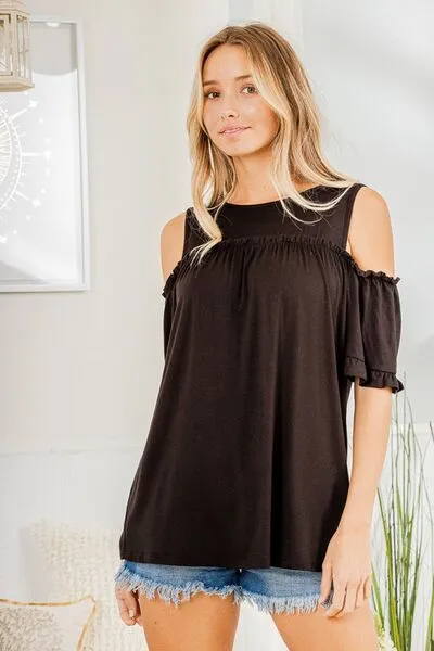 Frill Round Neck Cold Shoulder Top