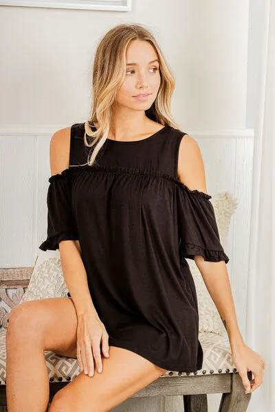 Frill Round Neck Cold Shoulder Top