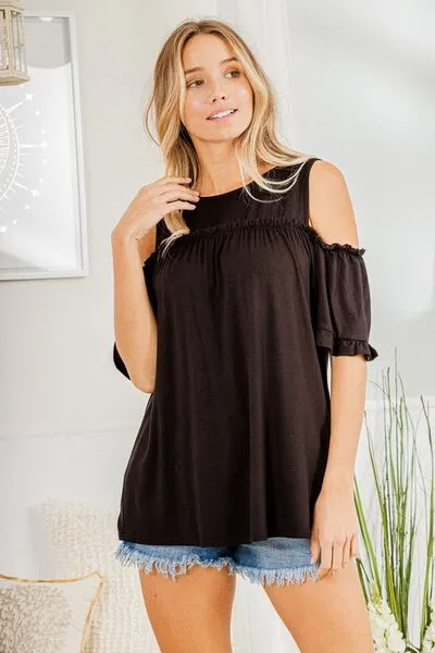 Frill Round Neck Cold Shoulder Top