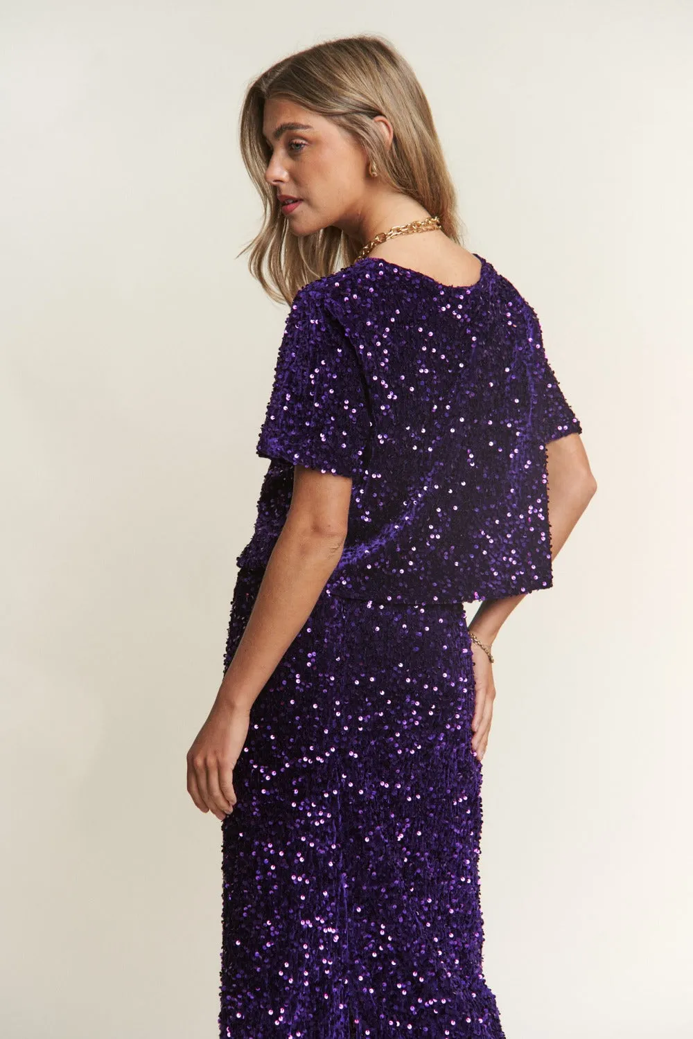 Hailey Sequin Short Sleeve Crop T-Shirt-Part of Matching Set