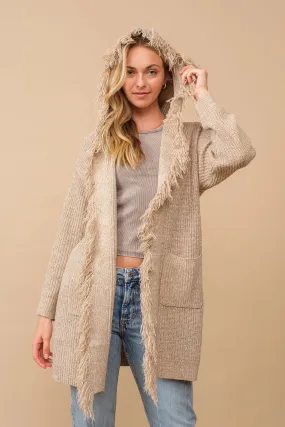 Hooded Fringe Knit Open Cardigan