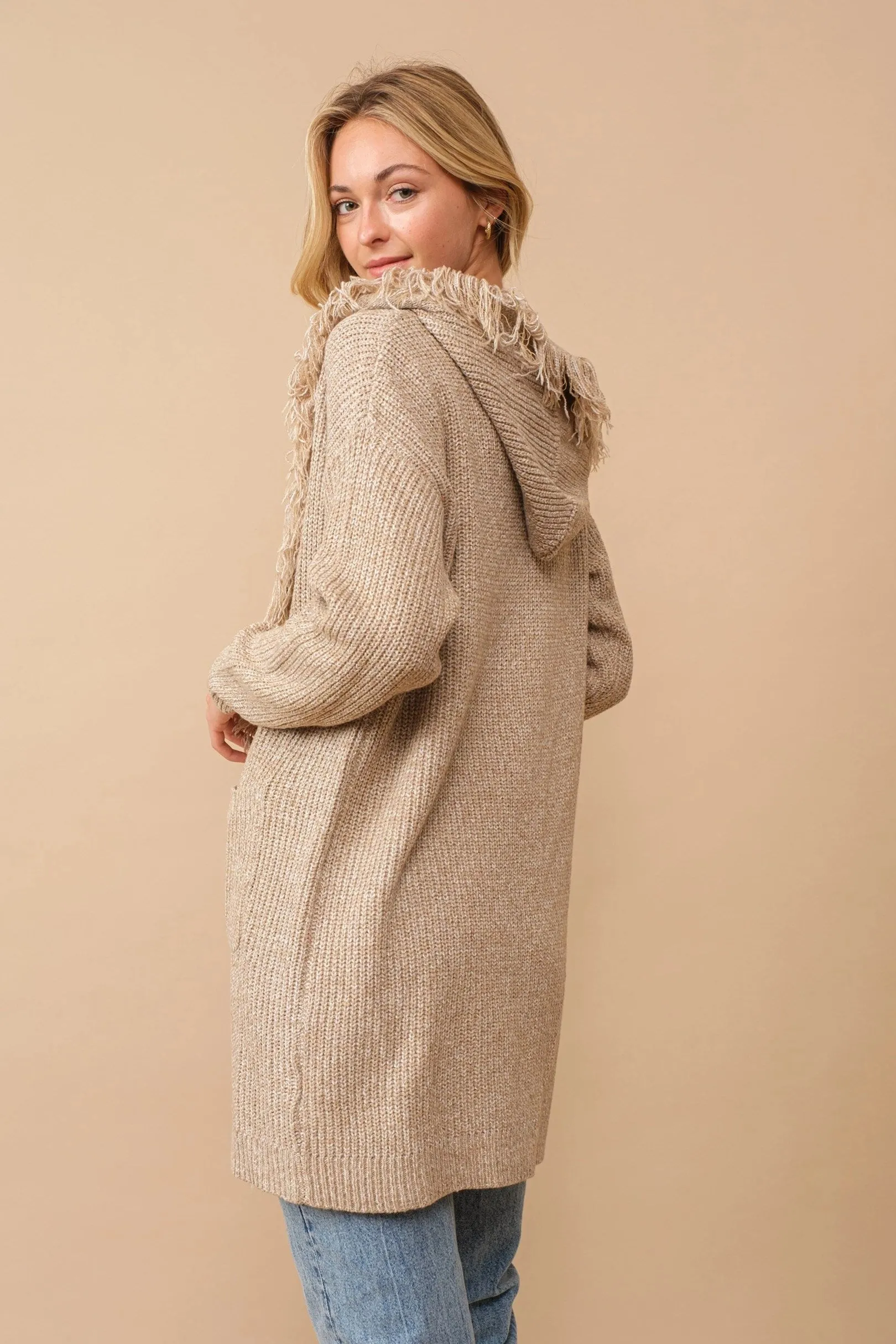 Hooded Fringe Knit Open Cardigan