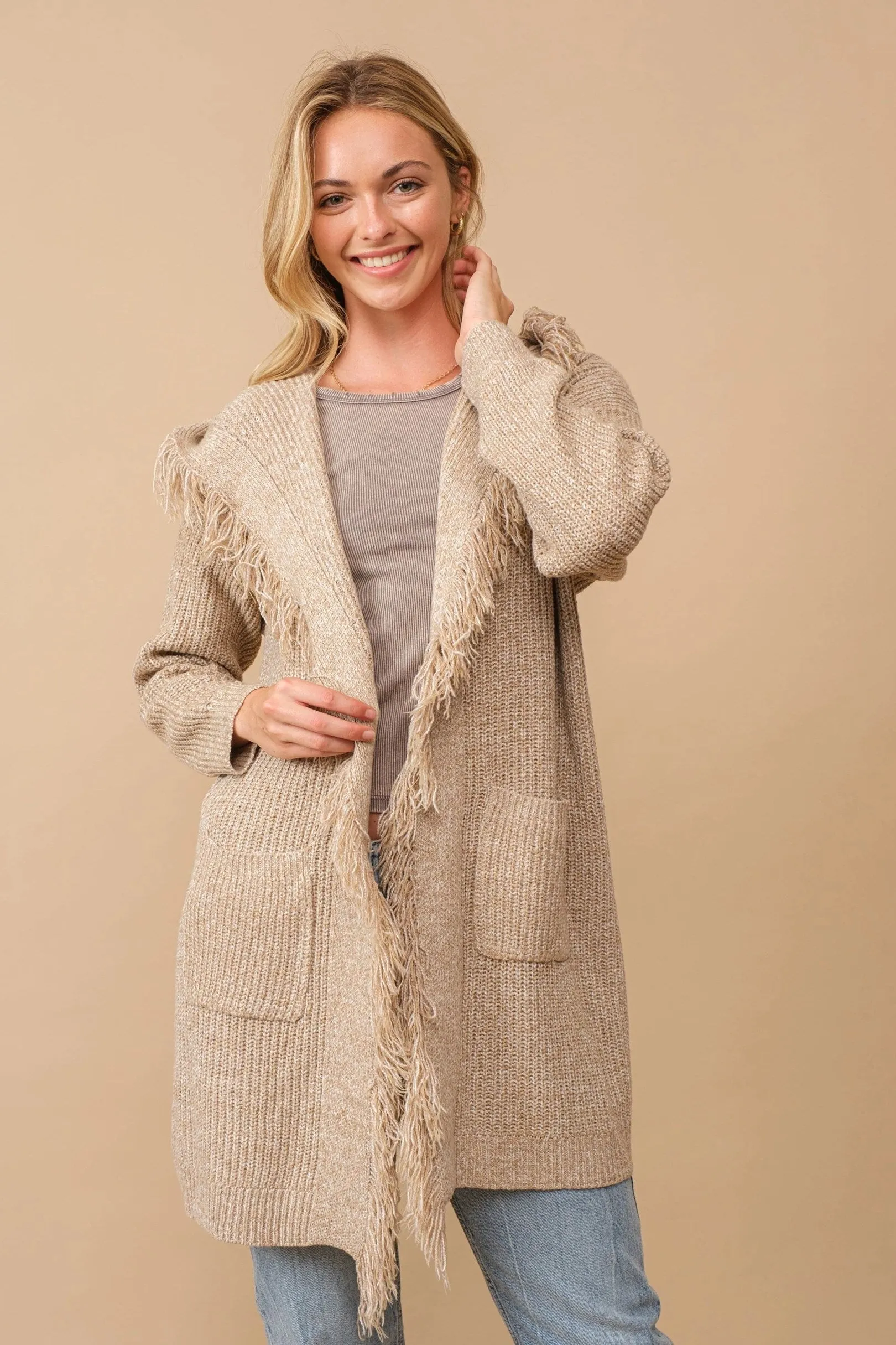 Hooded Fringe Knit Open Cardigan