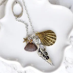 Long Beach Charm Boho Necklace ~ Mixed Metals Seashell Charms